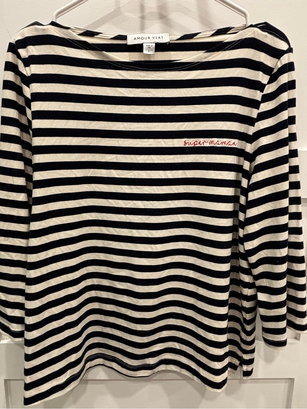 Amour Vert Women's Black & White Striped 'Super Maman' Long Sleeve Top